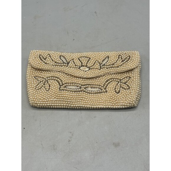 vintage Purse handbag clutch no handle pearls magnet button 2 pockets white READ - Picture 2 of 10